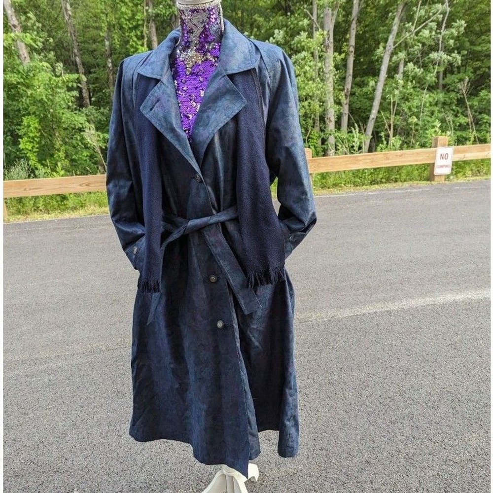Vintage Dark Academia Quiet Luxury London Fog Blue/Purple Floral Trench Coat 12P - Picture 2 of 11
